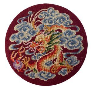 Vintage Dragon Petit Point Silk Embroidery Jewelry Box Round Red Satin Keepsake